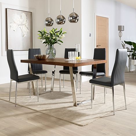 Milento 150cm Dark Oak and Chrome Dining Table with 4 Leon Grey Leather Chairs