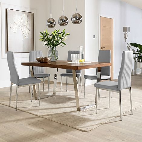 Milento 150cm Dark Oak and Chrome Dining Table with 4 Leon Light Grey Leather Chairs