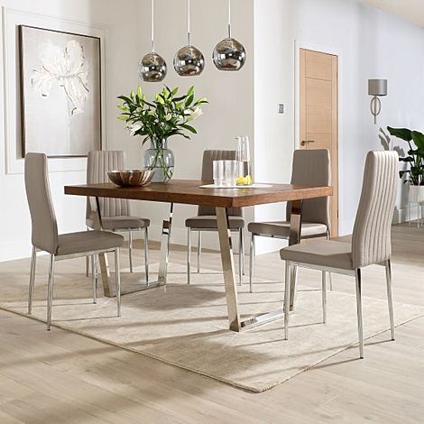 Milento 150cm Dark Oak and Chrome Dining Table with 4 Leon Stone Grey Leather Chairs