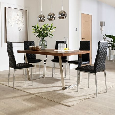 Milento 150cm Dark Oak and Chrome Dining Table with 4 Renzo Black Leather Chairs