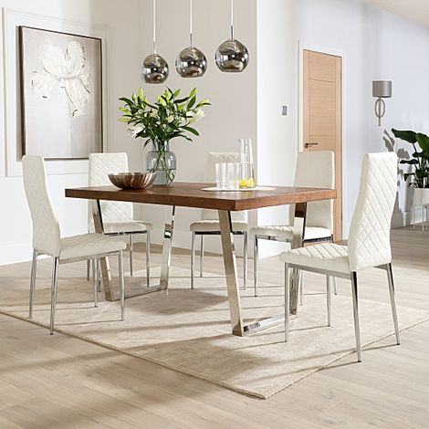 Milento 150cm Dark Oak and Chrome Dining Table with 4 Renzo White Leather Chairs
