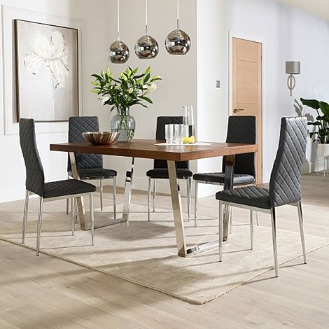 Milento 150cm Dark Oak and Chrome Dining Table with 4 Renzo Grey Leather Chairs