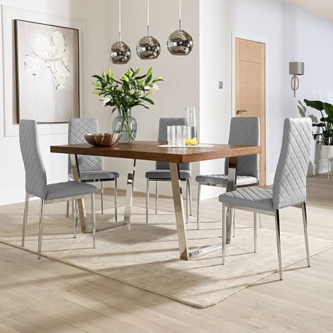 Milento 150cm Dark Oak and Chrome Dining Table with 4 Renzo Light Grey Leather Chairs