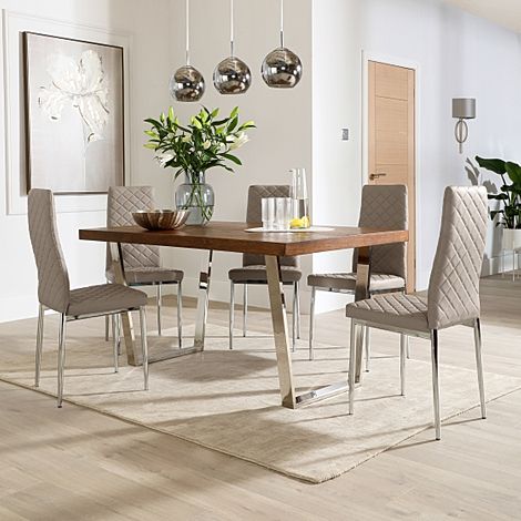 Milento 150cm Dark Oak and Chrome Dining Table with 4 Renzo Stone Grey Leather Chairs