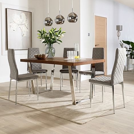 Milento 150cm Dark Oak and Chrome Dining Table with 4 Renzo Grey Velvet Chairs