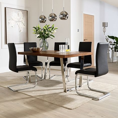 Milento 150cm Dark Oak and Chrome Dining Table with 4 Perth Black Leather Chairs
