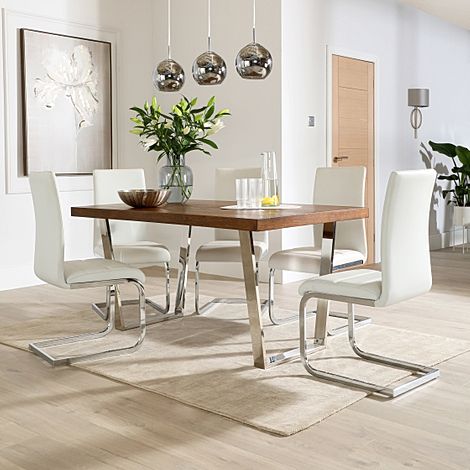 Milento 150cm Dark Oak and Chrome Dining Table with 4 Perth White Leather Chairs