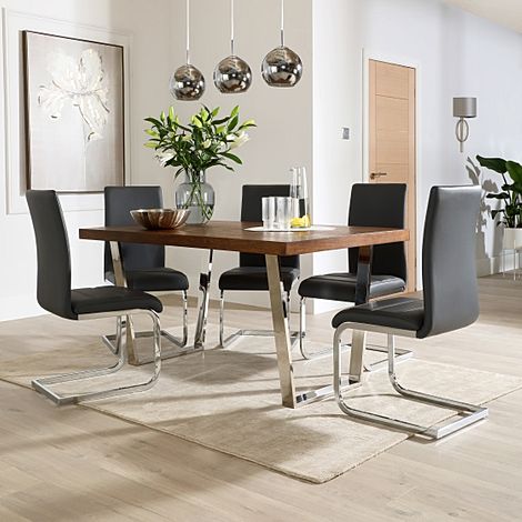 Milento 150cm Dark Oak and Chrome Dining Table with 6 Perth Grey Leather Chairs