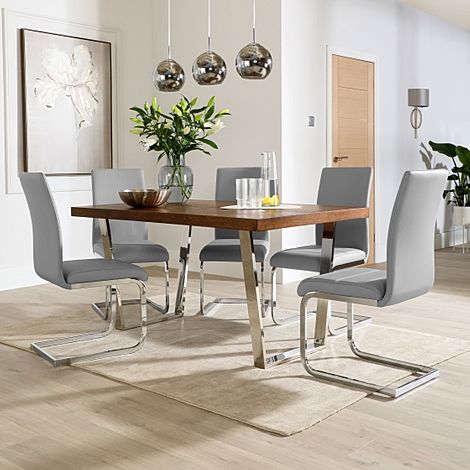 Milento 150cm Dark Oak and Chrome Dining Table with 4 Perth Light Grey Leather Chairs