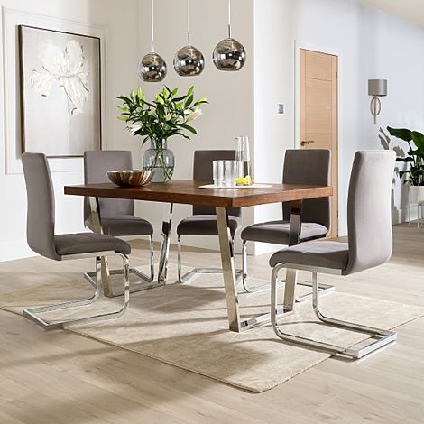 Milento 150cm Dark Oak and Chrome Dining Table with 4 Perth Grey Velvet Chairs