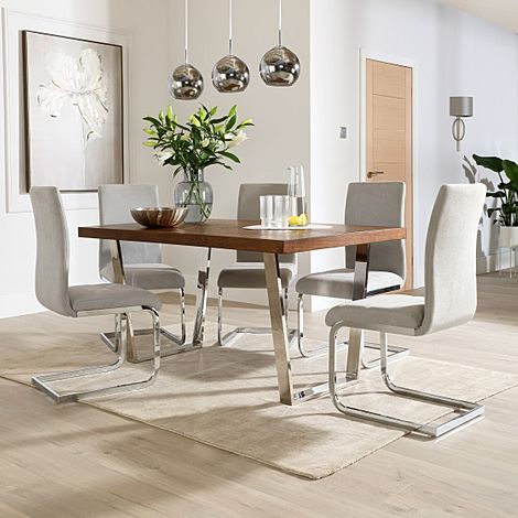 Milento 150cm Dark Oak and Chrome Dining Table with 4 Perth Dove Grey Fabric Chairs