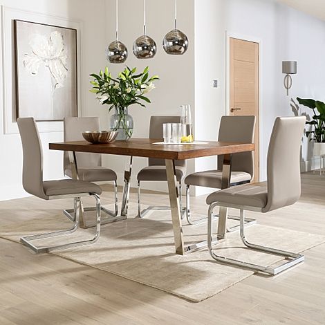 Milento 150cm Dark Oak and Chrome Dining Table with 6 Perth Stone Grey Leather Chairs