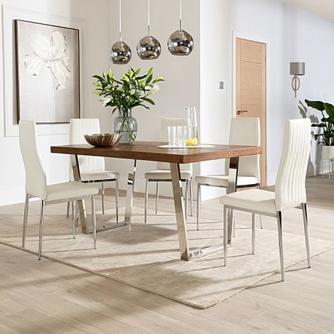 Milento 200cm Dark Oak and Chrome Dining Table with 4 Leon White Leather Chairs