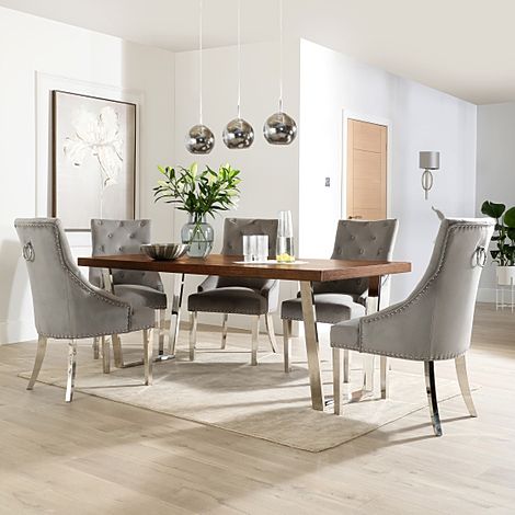 Milento 200cm Dark Oak and Chrome Dining Table with 6 Imperial Grey Velvet Chairs
