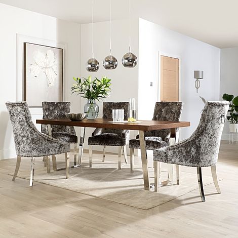 Milento 200cm Dark Oak and Chrome Dining Table with 4 Imperial Silver Velvet Chairs