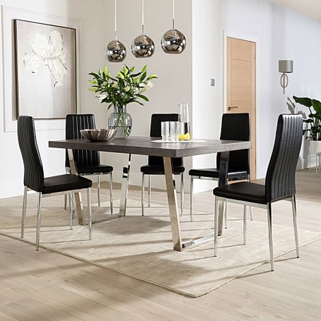 Milento 150cm Grey Wood and Chrome Dining Table with 4 Leon Black Leather Chairs