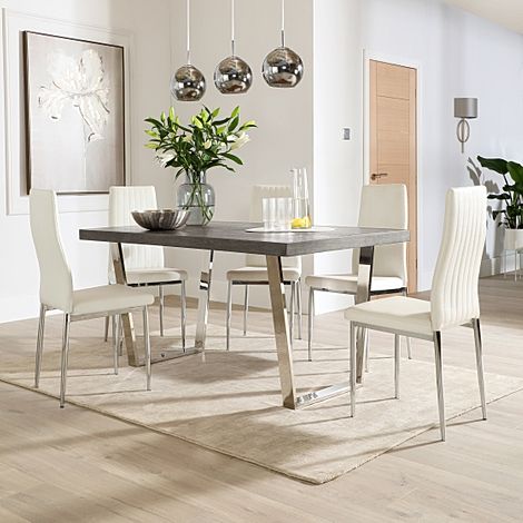 Milento 150cm Grey Wood and Chrome Dining Table with 4 Leon White Leather Chairs