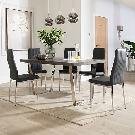 Milento 150cm Grey Wood and Chrome Dining Table with 6 Leon Grey Leather Chairs
