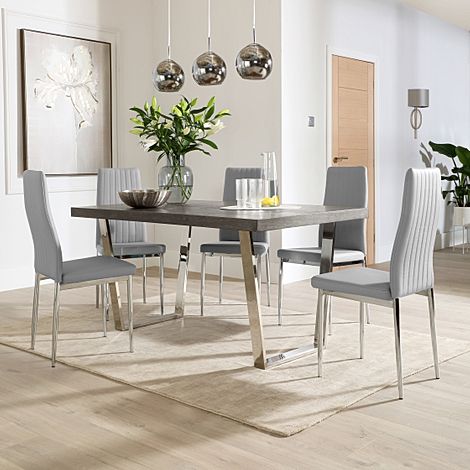 Milento 150cm Grey Wood and Chrome Dining Table with 4 Leon Light Grey Leather Chairs