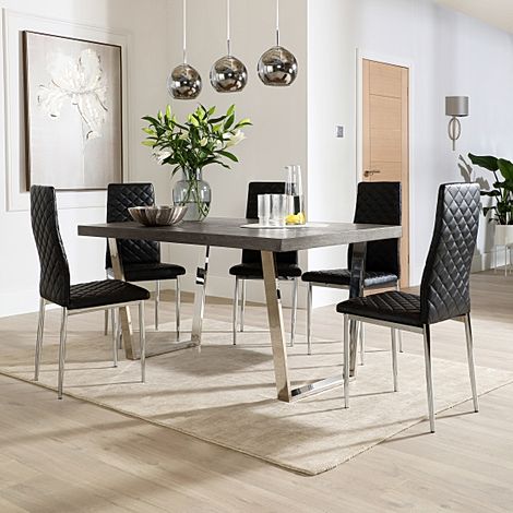 Milento 150cm Grey Wood and Chrome Dining Table with 4 Renzo Black Leather Chairs