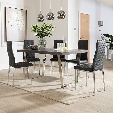 Milento 150cm Grey Wood and Chrome Dining Table with 6 Renzo Grey Leather Chairs