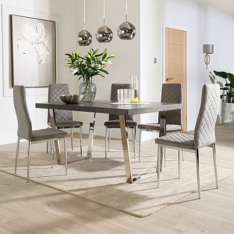 Milento 150cm Grey Wood and Chrome Dining Table with 4 Renzo Grey Velvet Chairs
