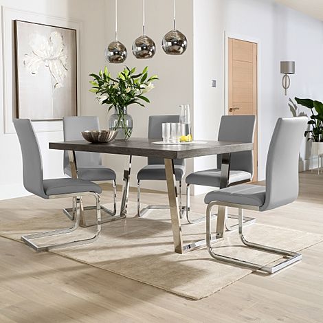 Milento 150cm Grey Wood and Chrome Dining Table with 4 Perth Light Grey Leather Chairs
