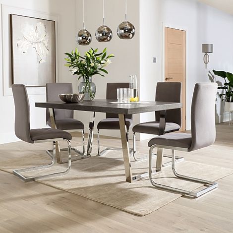 Milento 150cm Grey Wood and Chrome Dining Table with 4 Perth Grey Velvet Chairs
