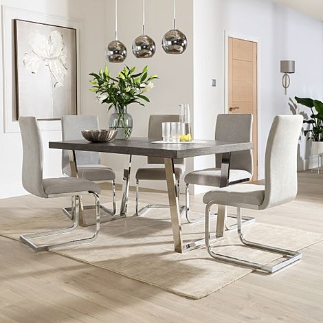 Milento 150cm Grey Wood and Chrome Dining Table with 6 Perth Dove Grey Fabric Chairs