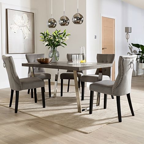 Milento 150cm Grey Wood and Chrome Dining Table with 4 Kensington Grey Velvet Chairs
