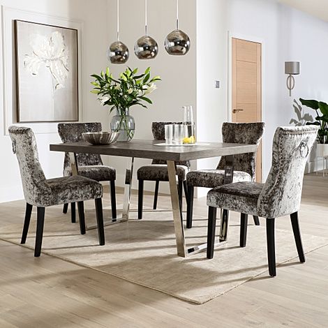 Milento 150cm Grey Wood and Chrome Dining Table with 6 Kensington Silver Velvet Chairs