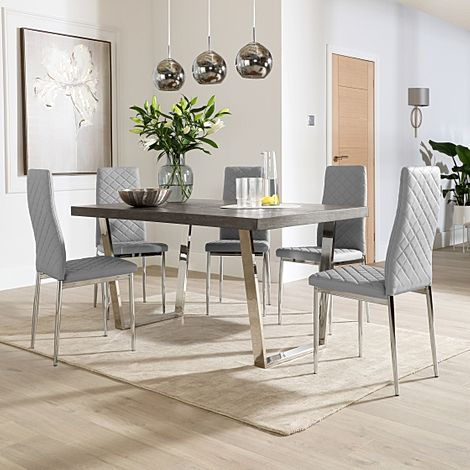 Milento 200cm Grey Wood and Chrome Dining Table with 4 Renzo Light Grey Leather Chairs