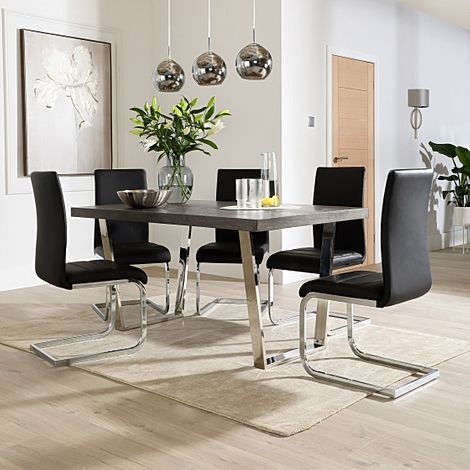 Milento 200cm Grey Wood and Chrome Dining Table with 4 Perth Black Leather Chairs