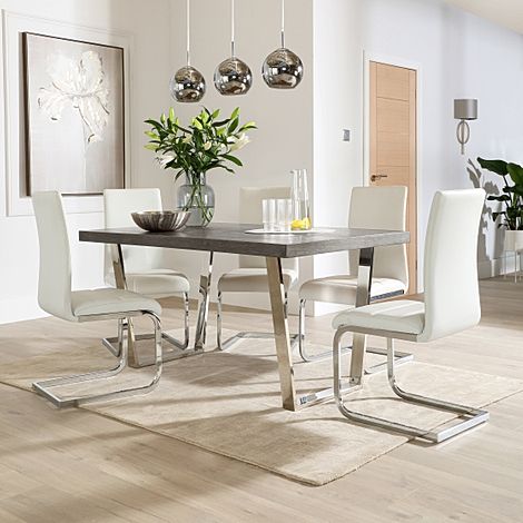 Milento 200cm Grey Wood and Chrome Dining Table with 4 Perth White Leather Chairs