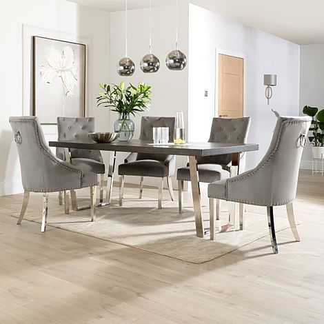 Milento 200cm Grey Wood and Chrome Dining Table with 4 Imperial Grey Velvet Chairs