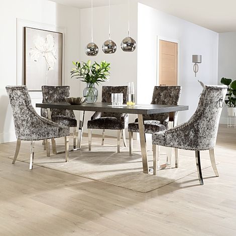 Milento 200cm Grey Wood and Chrome Dining Table with 4 Imperial Silver Velvet Chairs