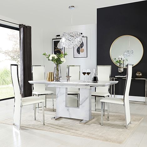 Florence Extending Dining Table & 4 Celeste Chairs, White Marble Effect, White Classic Faux Leather & Chrome, 120-160cm