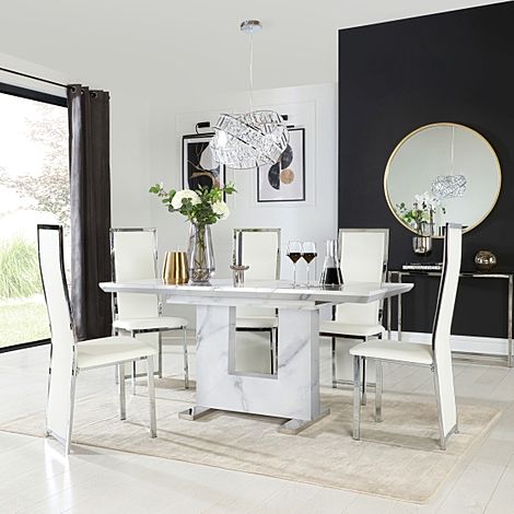 Florence Extending Dining Table & 6 Celeste Chairs, White Marble Effect, White Classic Faux Leather & Chrome, 120-160cm