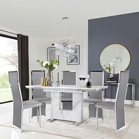 Florence Extending Dining Table & 4 Celeste Chairs, White Marble Effect, Grey Classic Velvet & Chrome, 120-160cm