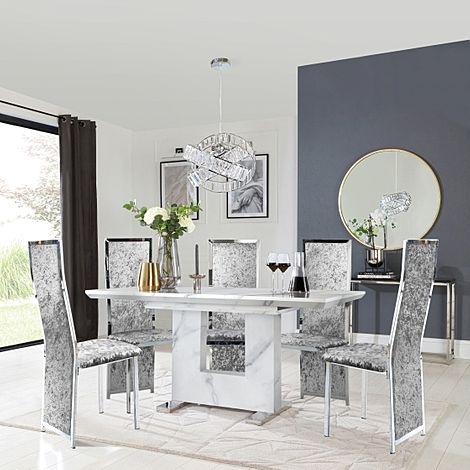 Florence White Marble 120-160cm Extending Dining Table with 4 Celeste Silver Crushed Velvet Chairs
