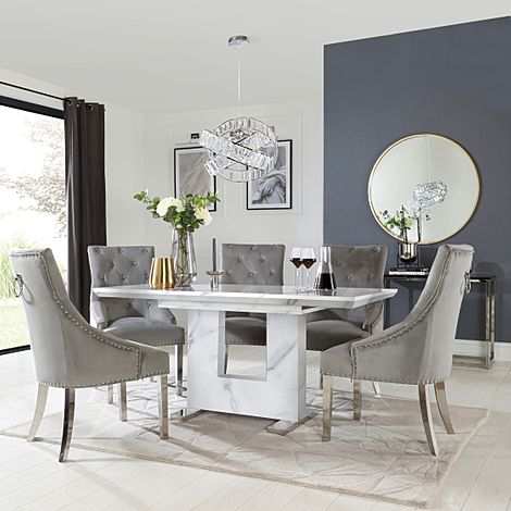 Florence Extending Dining Table & 4 Imperial Chairs, White Marble Effect, Grey Classic Velvet & Chrome, 120-160cm