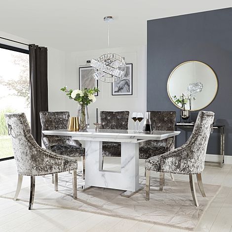 Florence Extending Dining Table & 4 Imperial Chairs, White Marble Effect, Silver Crushed Velvet & Chrome, 120-160cm