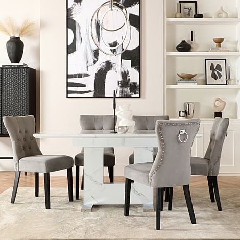 Florence Extending Dining Table & 4 Kensington Chairs, White Marble Effect, Grey Classic Velvet & Black Solid Hardwood, 120-160cm