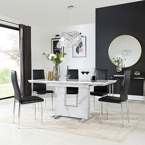 Florence Extending Dining Table & 6 Leon Chairs, White Marble Effect, Black Classic Faux Leather & Chrome, 120-160cm