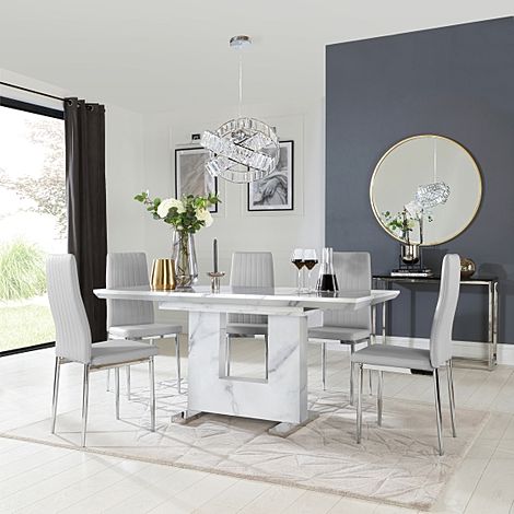 Florence Extending Dining Table & 4 Leon Chairs, White Marble Effect, Light Grey Classic Faux Leather & Chrome, 120-160cm