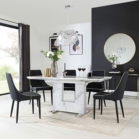 Florence White Marble 120-160cm Extending Dining Table with 6 Modena Black Fabric Chairs