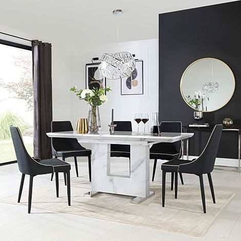 Florence Extending Dining Table & 6 Modena Chairs, White Marble Effect, Black Classic Linen-Weave Fabric, 120-160cm