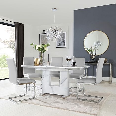 Florence White Marble 120-160cm Extending Dining Table with 4 Perth Light Grey Leather Chairs