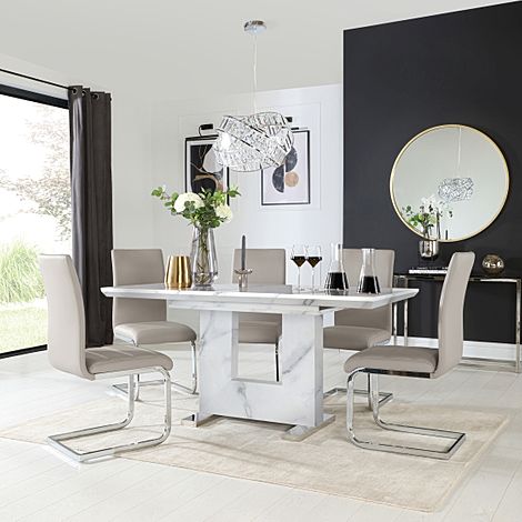 Florence Extending Dining Table & 4 Perth Chairs, White Marble Effect, Stone Grey Classic Faux Leather & Chrome, 120-160cm