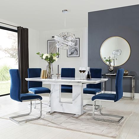 Florence Extending Dining Table & 4 Perth Chairs, White Marble Effect, Blue Classic Velvet & Chrome, 120-160cm